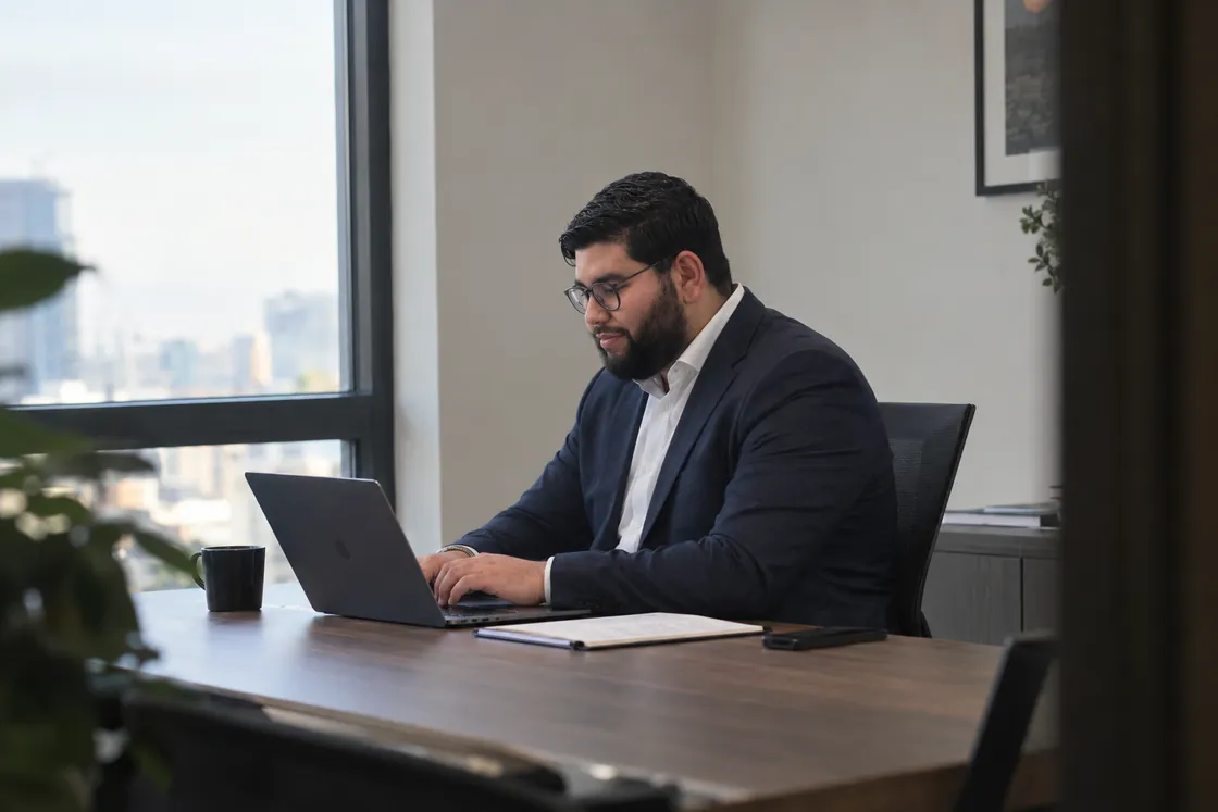 Ahmed Boukachar aan het werk achter zijn laptop, met daglicht van het raam